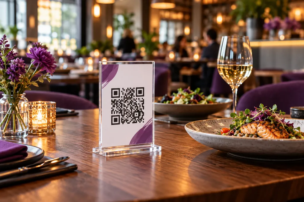 A QR code table stand on a restaurant table