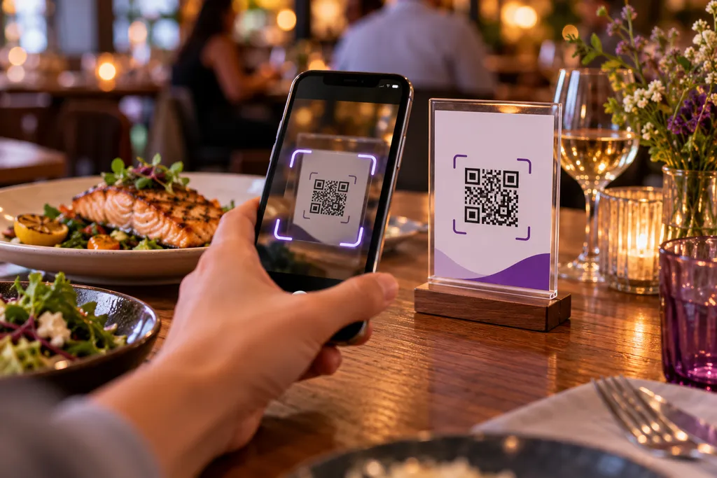 A guest scanning the table stand's QR code with their phone