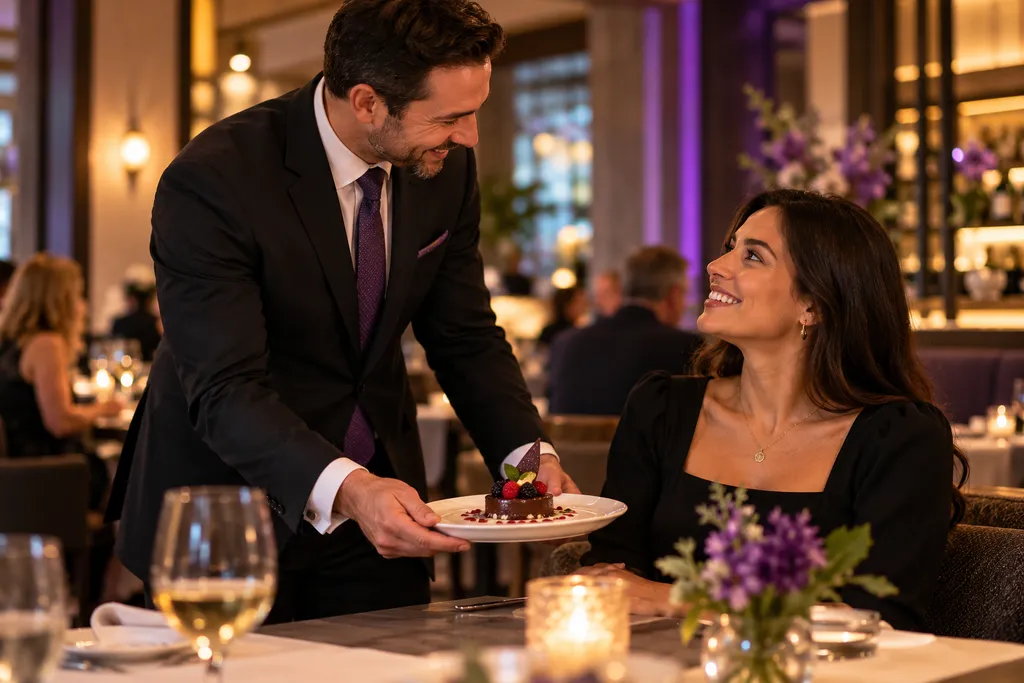 A manager bringing a guest a complimentary dessert
