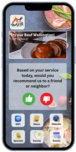 Money phone mobile interface showing restaurant features and QR code functionality